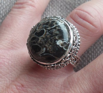 Zilveren ring ronde Turitella Agaat in bewerkte setting 17 mm